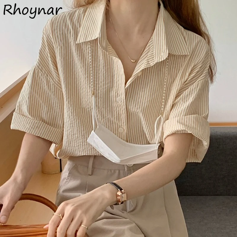 

French Style Striped Shirts Women Summer Retro Fashion Loose All-match Minimalist Vacation Stylish Leisure Young Office Ladies