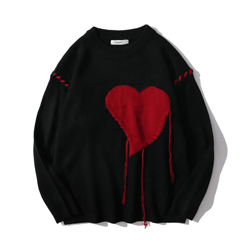 Women 2022 Street Harajuku Love Pattern Knitted Sweater Letter Punk Rock Black Red Gothic Oversize Grandpa Sweater Cute Pullover