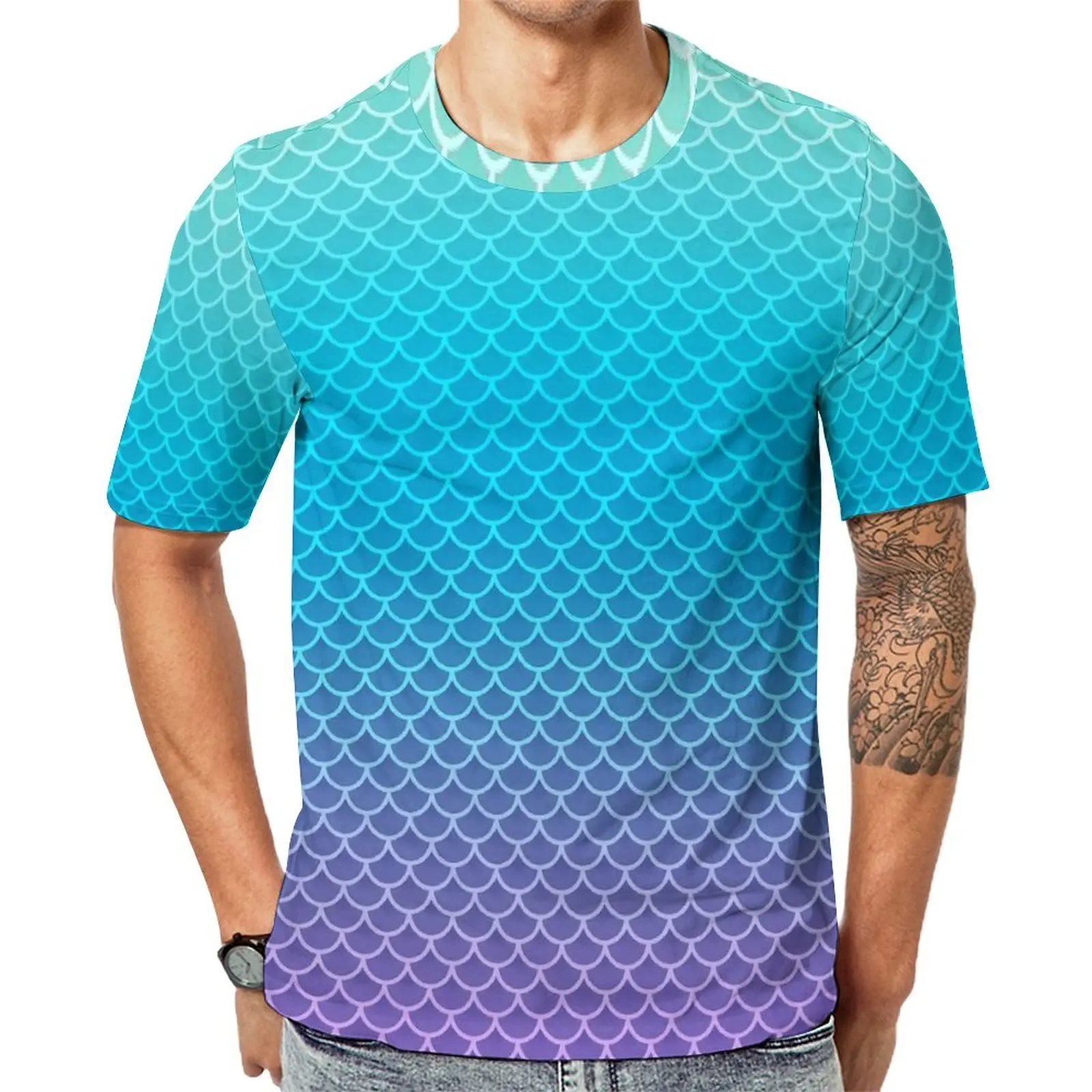

Мужская футболка с изображением рыбьей чешуи с эффектом омбре, футболки в стиле хиппи, Пляжная футболка с принтом, базовые Топы большого размера с коротким рукавом, идея для подарка