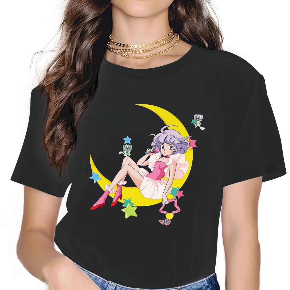 

Хипстерская футболка Moon для женщин, хлопковая Футболка с круглым вырезом, волшебный кремовый Ангел Мами, футболка с коротким рукавом, идея д...