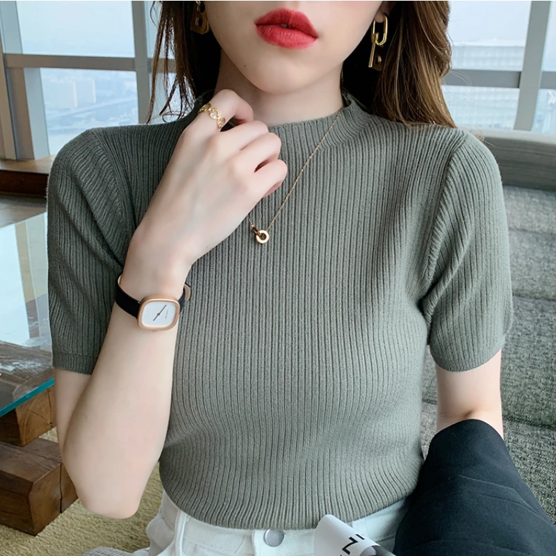 

New korean fashion woman tshirts nice netred casual lady knitted half sleeve T-shirt beautiful women sexy girl tops dropshipping