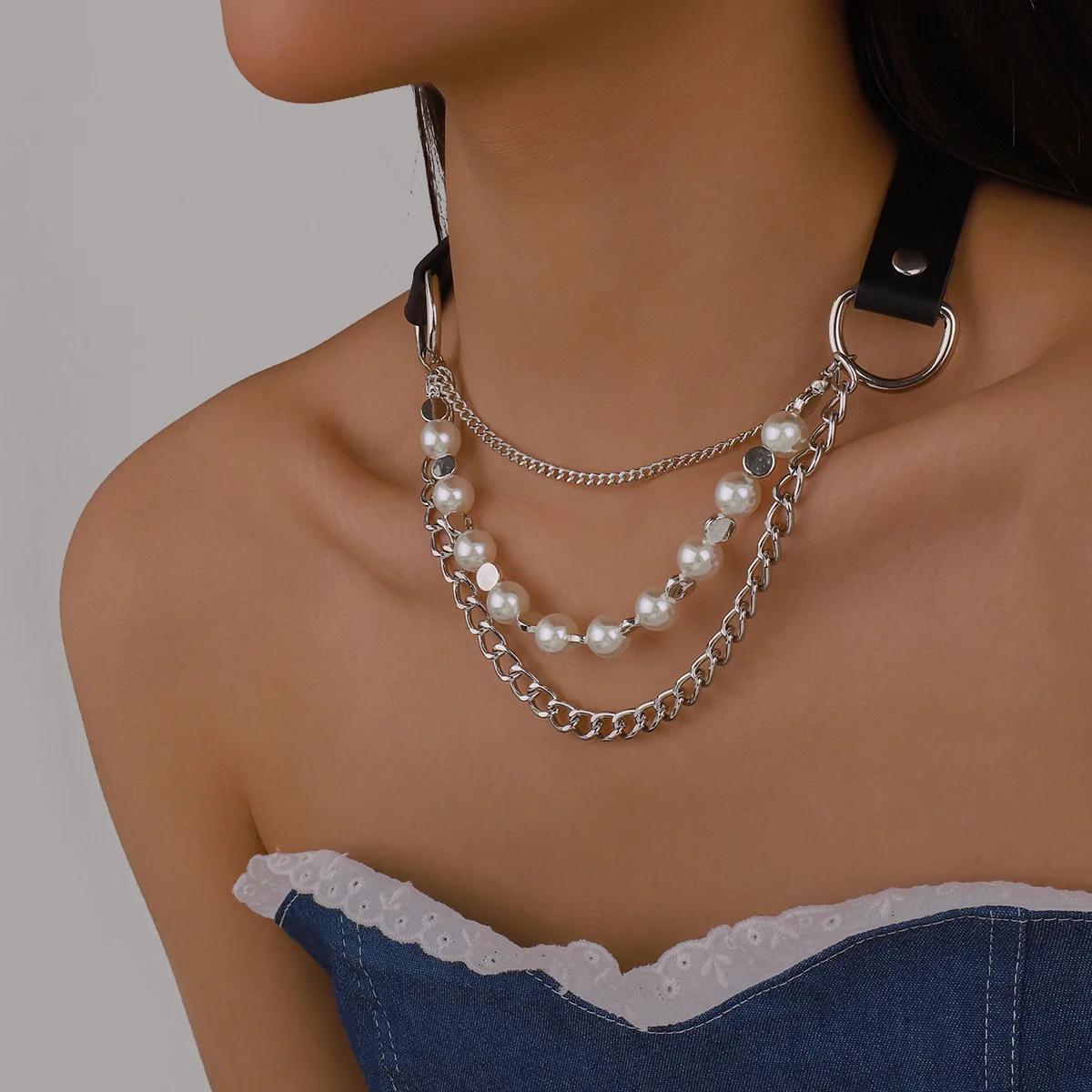 Irregular Choker Neckchain PU Leather Imitation Pearl Chain Multi element Exaggerated Necklace