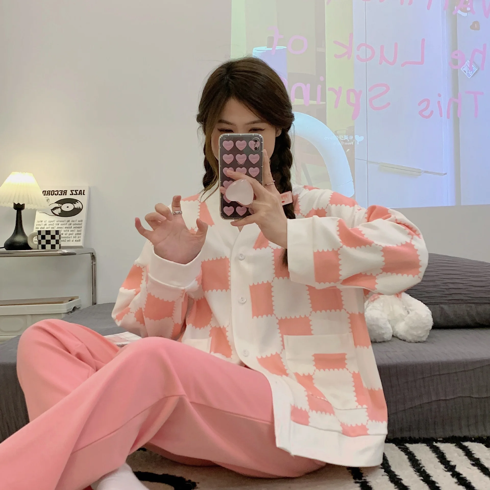 Yasuk Spring Autumn Fashion Women's Casual Soft Plaid Sleepwear Homewear Pajamas Set With Pants Sweet Lovely Girl