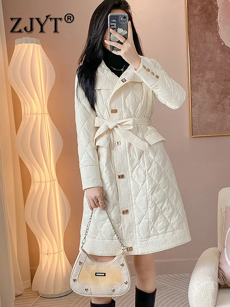 ZJYT Luxury Designer 90% White Duck Down Jacket Winter Parka Coat Women 2022 Fashion Warm Long Overcoat Elegant Outerwear Beige