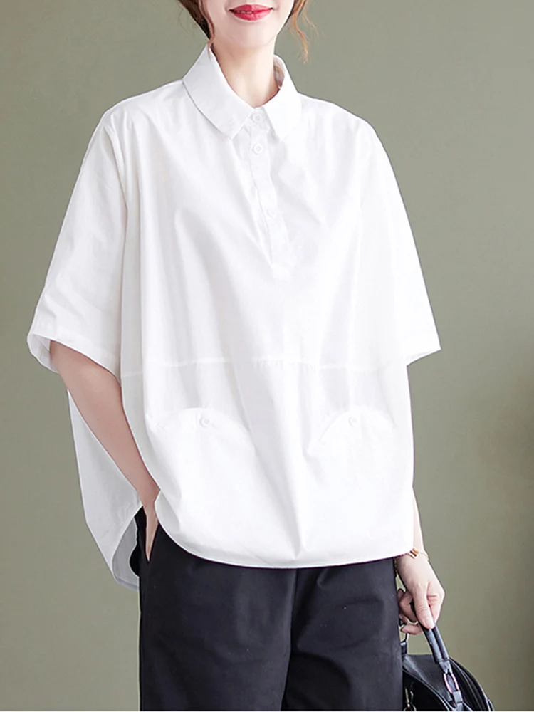 

New Fashion Button Women Summer White Short Sleeve Blouse Women Loose Shirts Tops Femmes Vintage Oversized Turn-down Collar Tees