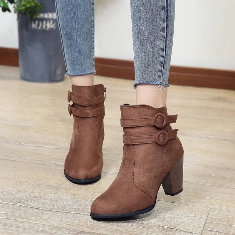 2022 New Spring Autumn Women Boots Flock Ankle Shoes Fahsion High Heels Shoes Woman Botas De Mujer Casual Plus Size Ladies Boots