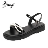 2022 summer women sandals new fashion solid color patent leather casual ladies open toe buckle strap med heels female sandalias
