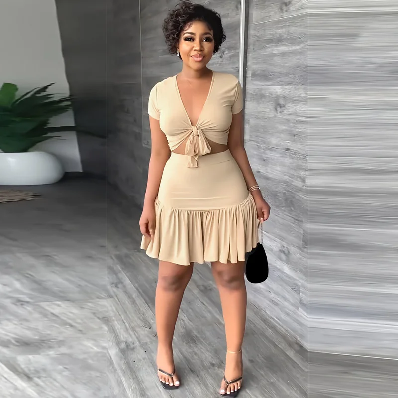 

WUHE Elegant 2023 Summer Sexy Party Two Piece Set for Women Tie Up Shirt and Ruffles A-line Skirt Outfits