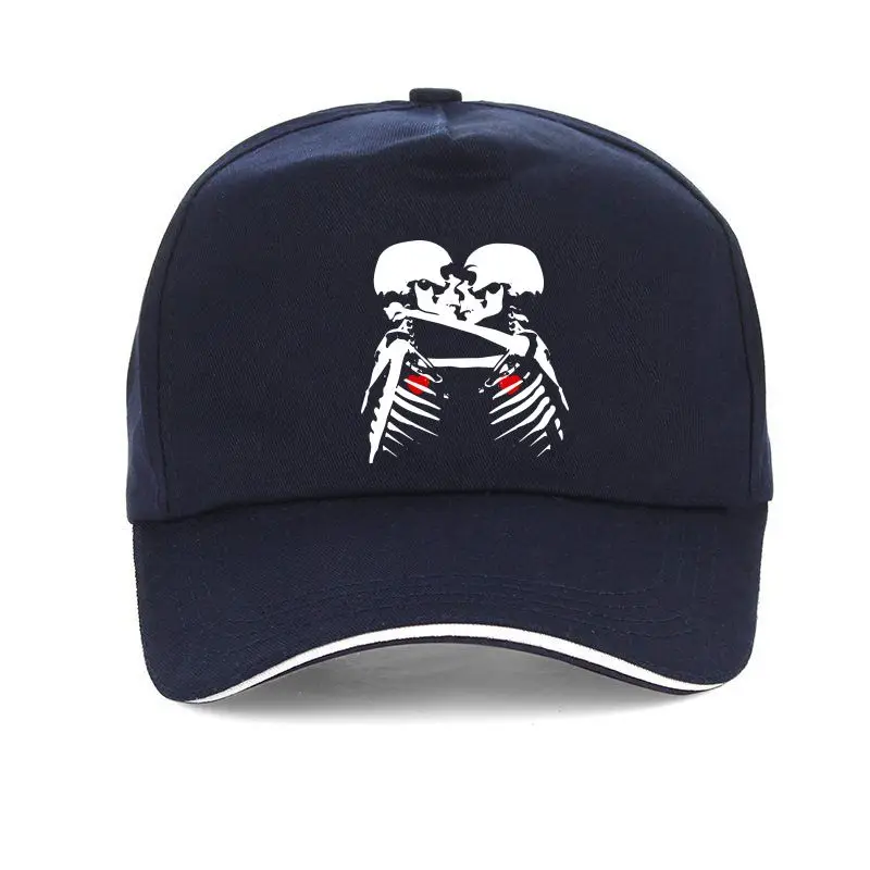 

High Quality Unique Valentine's Day Lover's Custom Men's Baseball Cap with Black Skull Skeleton Print and Kiss Cartoon - Stylish