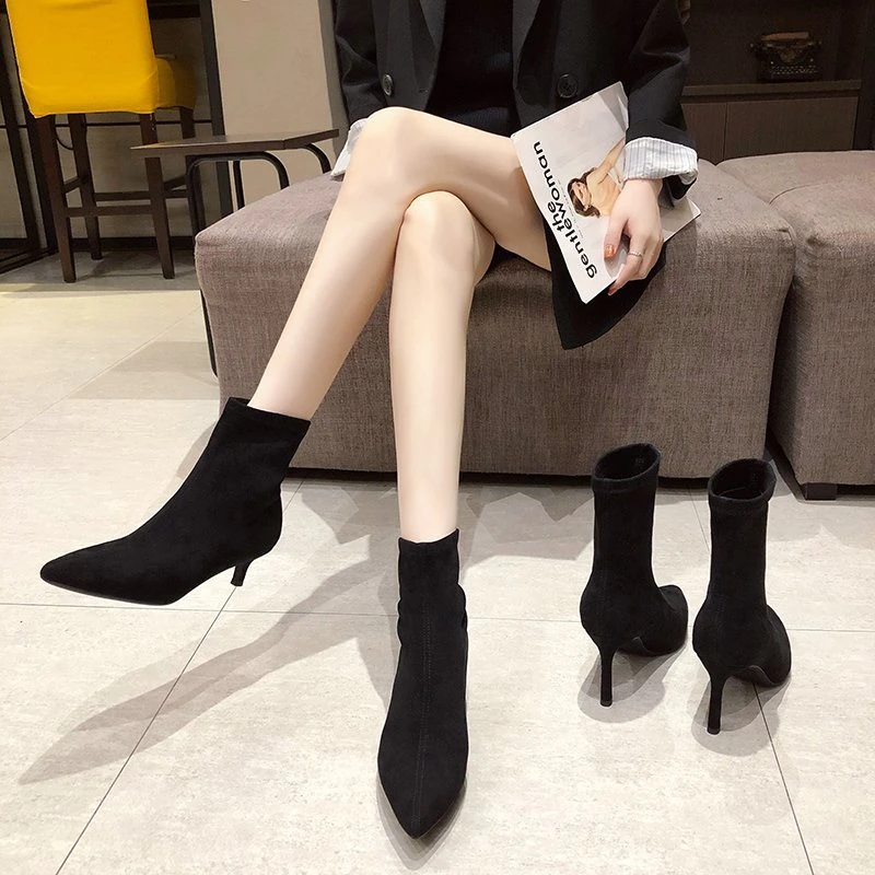 2024 роскошные женские бежевые черные ботинки-носки на тонком высокомкаблуке, эластичные вязаные ботинки, зимние эластичные тканевые ботинки