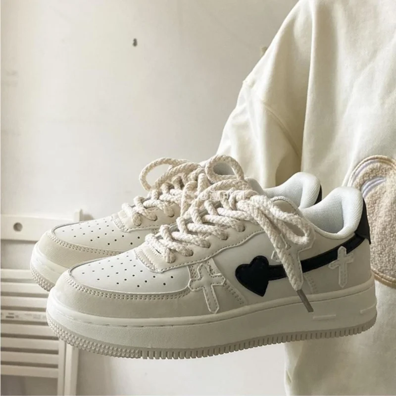 SHANPA Cross Heart Shoes for Women Original Korean Fashion Student Sneakers Ins Trendy All Match Casual Zapatillas Mujer