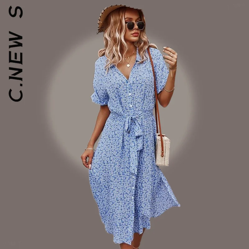 

C.New S Dress Women Fashion Short Sleeve Button Holiday Midi Dresses All-Match Robe Harajuku Basic Clothing Vestidos Female