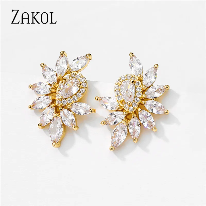 

ZAKOL Classic Luxury Leaf Drop Stud Earrings for Women Clear AAA Cubic Zirconia Charm Wedding Jewelry Earring EP2984