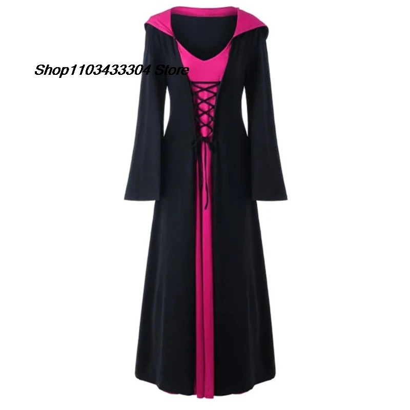 Женское винтажное платье с капюшоном длинное в средневековом стиле со шнуровкой