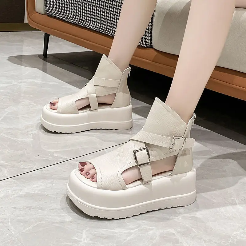 

2022 NEW Summer Ladies Vintage Gladiator Sandals Women PU Leather Wedges High Heel Platform Hollow Peep Toe Sandals