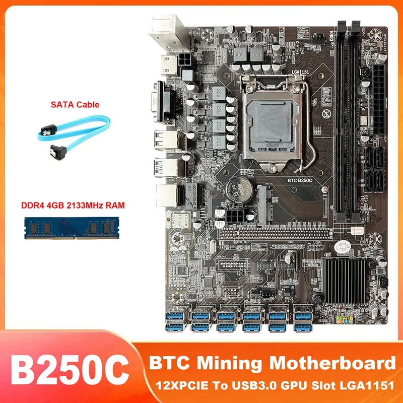 

B250C BTC Mining Motherboard 12X PCIE To USB3.0 GPU Slot LGA1151 Miner Motherboard+DDR4 8GB 2133Mhz RAM+SATA Cable