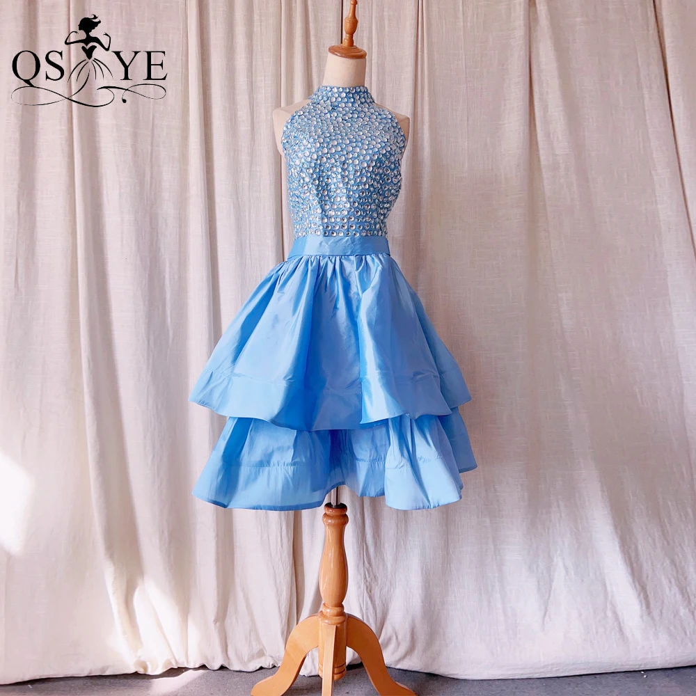 

Blue Plus Size Homecoming Dresses High Neck A line Taffeta Gown Crystal Bead Bodice Keyhole Back Layers Girl Short Prom Dress