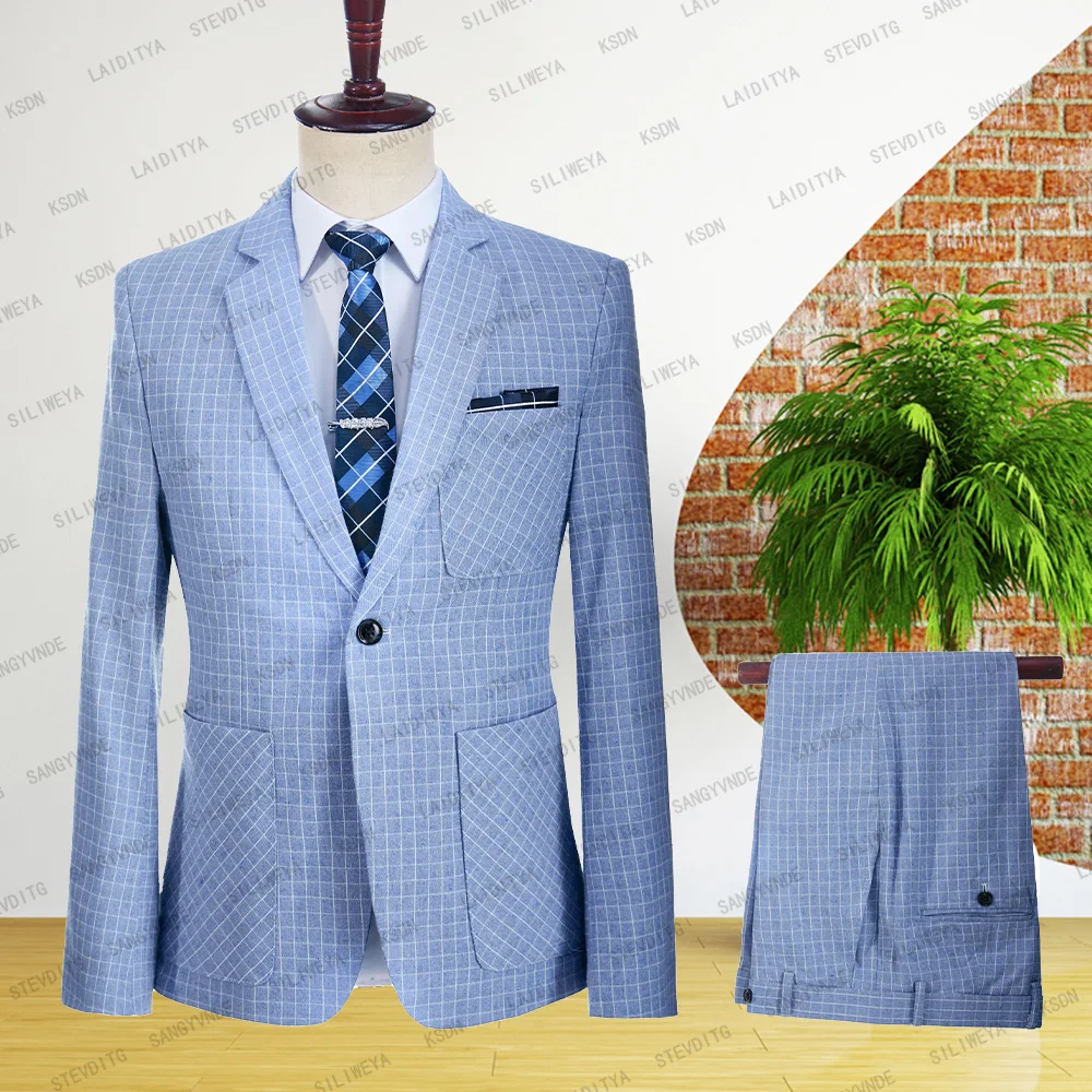 

2023 классические синие мужские костюмы из денима в клетку, Модный свадебный костюм из двух предметов, куртка, смокинги для мужчин, высокое качество, повседневные наряды