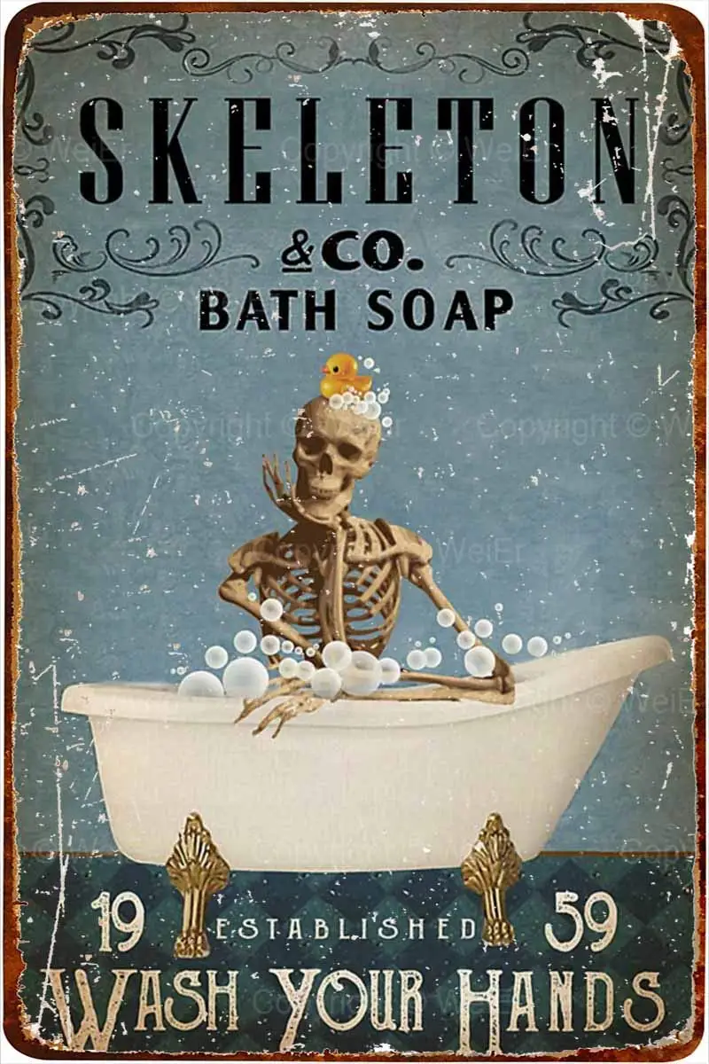 

Skeleton Bath Soap Metal Poster Art Tin Sign Vintage Iron Painting Creative Wall Decoration for Office Bathroom