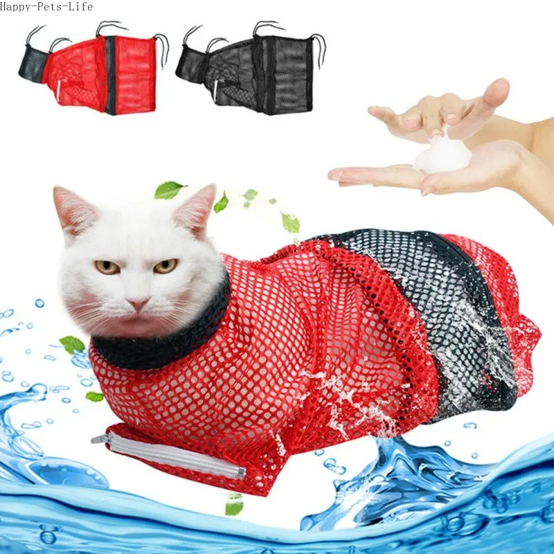 Mesh Pet Bath Bag Cats Grooming Washing Bags No Scratching Adjustable Cat Supplies Bath Clean Bag Pet Nail Trimming Bags