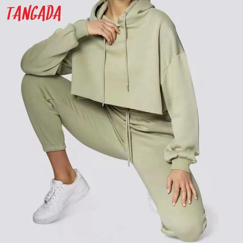 

Tangada 2021 Spring Women Tracksuit Thick Fleece 95% Cotton Suit 2 Pieces Sets Crop Hoodies Sweatshirt and Pants Suits CH09