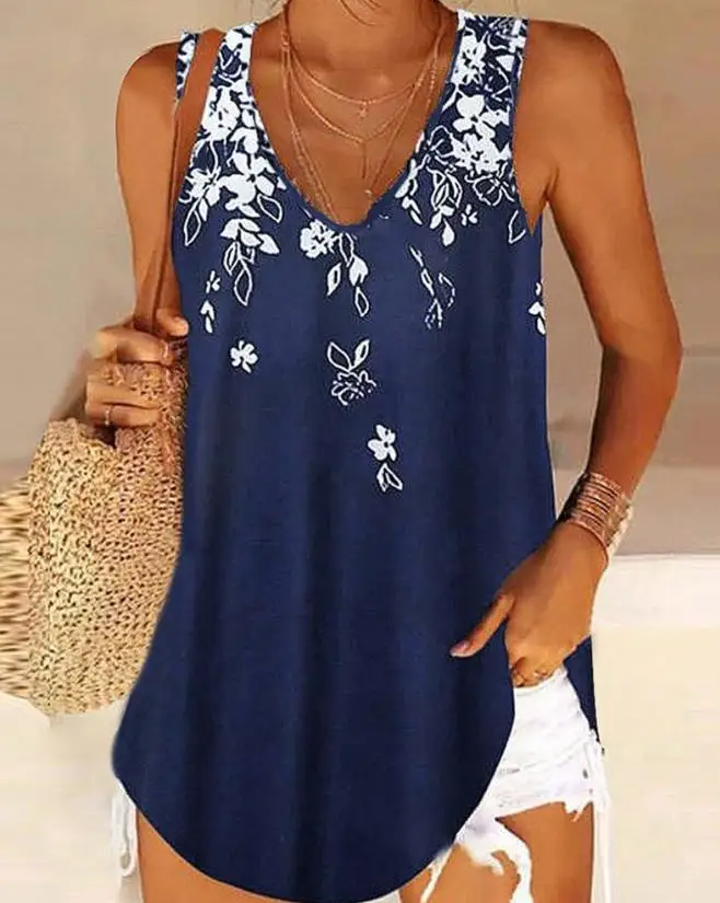 

2023 Spring and summer new casual loose V-neck pullover sleeveless flower print women's top vest