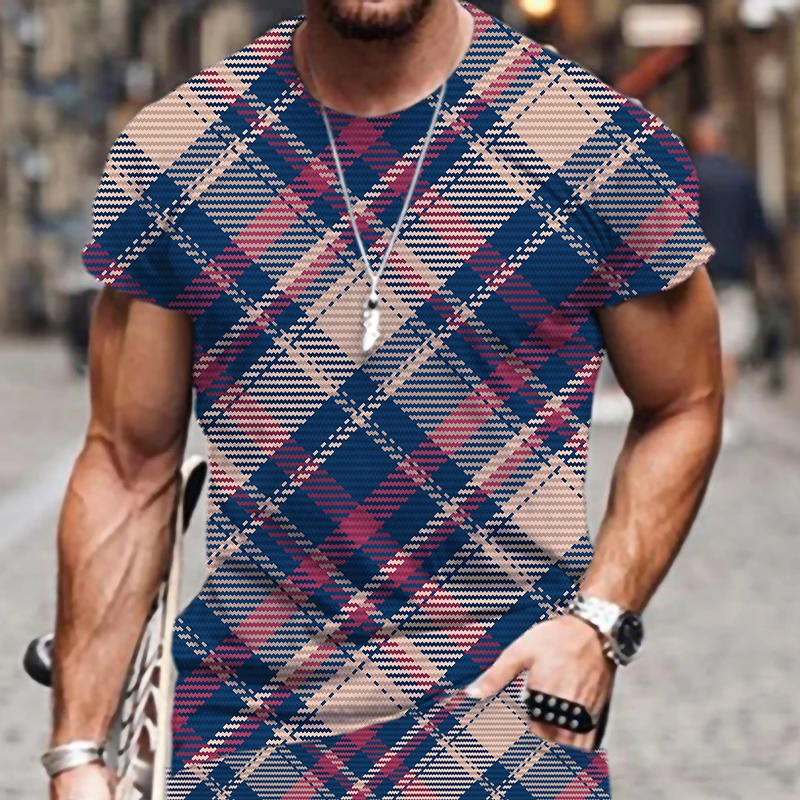 

Men's T-shirts Breathable Plaid Stripe Pattern Style Tees Fashion Cool Male Casual Funny Clothes Loose Harajuku Tops O-Neck