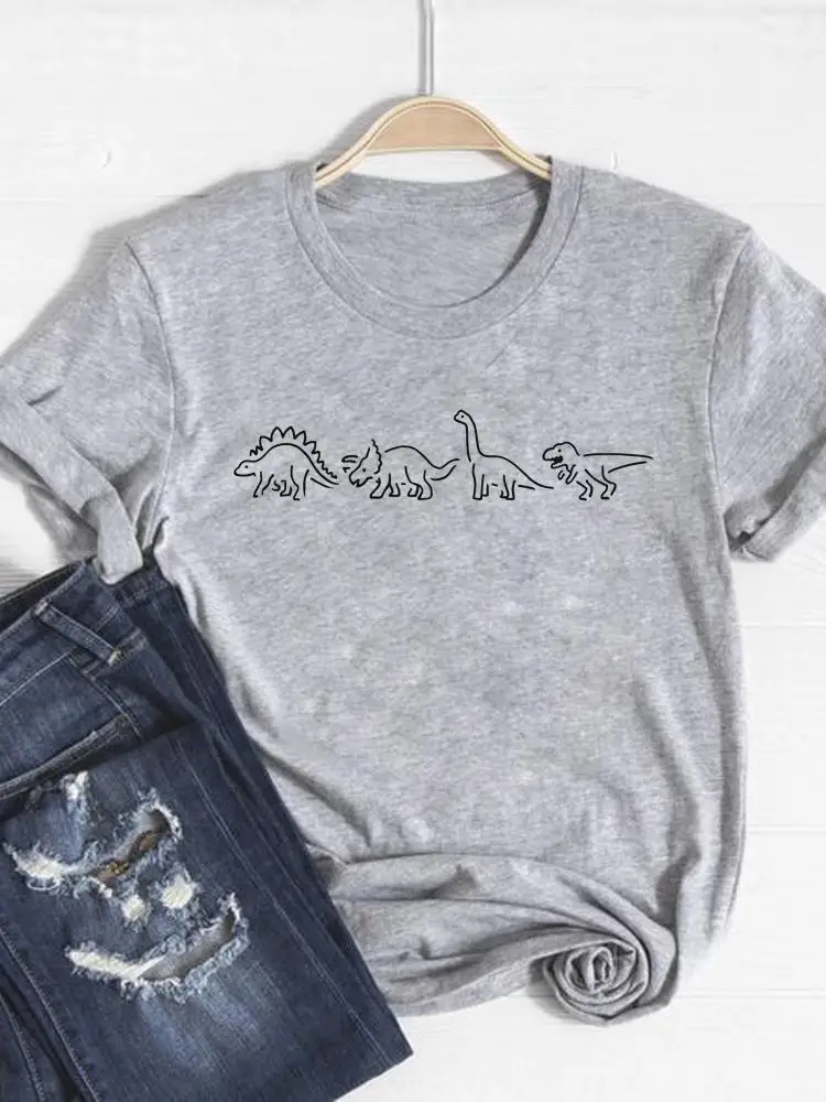 Print T Shirt Short Sleeve Summer Top Fashion Clothes Women Dinosaur Animal Trend Clothing Gray Basic Tee Graphic T-shirt