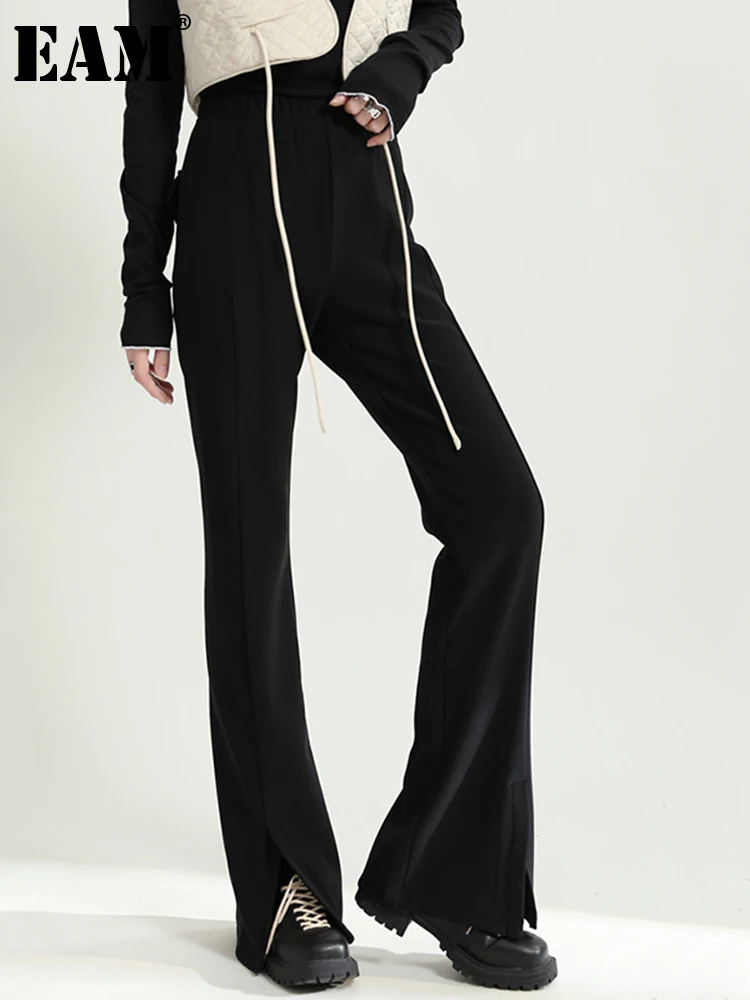 

[EAM] High Waist Black Brief Long Thick Slit Flare Trousers New Loose Fit Pants Women Fashion Tide Spring Autumn 2022 1DE5913