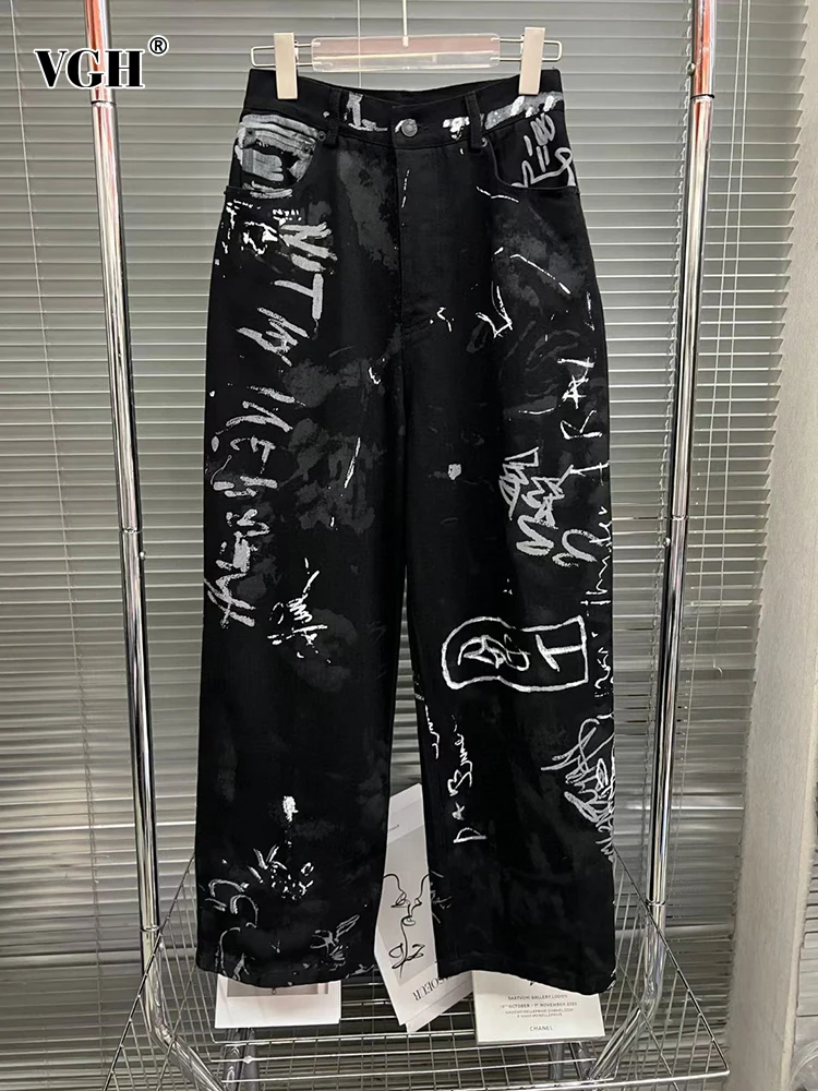 

VGH Hit Color Denim Wide Leg Pants For Women High Waist Patchwork Pocket Casual Loose Streetwear Trousers Female Fashion Style