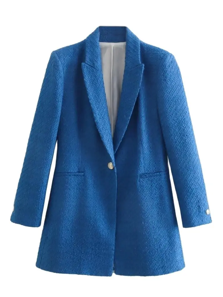 

Aonibeier 2022 Spring Women Casual Traf Tweed Jacket Long Sleeve Single Button Slim Blue Jacket Female Thick Coats Chic Tops