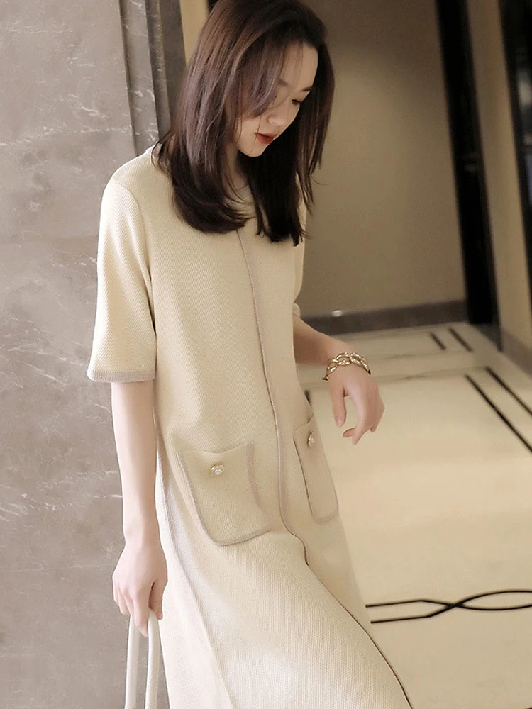 

Spring Style Knitted Dress Women Sweater Short Sleeve Retro Knee Elength Pockets Slimming Reducing Age Temperament Dress 2022