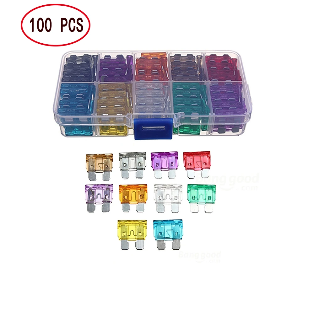 

100 Pcs Medium Size Blade Type FUSE 2A 3A 5A 7.5A 10A 15A 20A 25A 30A 35A each 10pcs Car FUSE PULLER Various Specifications