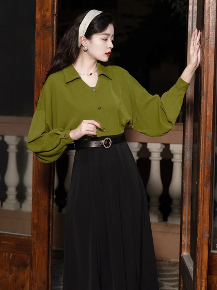 

Women 2022 Spring Clothes Dress Fake Two Piece Female V Neck Fashion Party Vintage Dress Women Lantern Long Sleeve K193