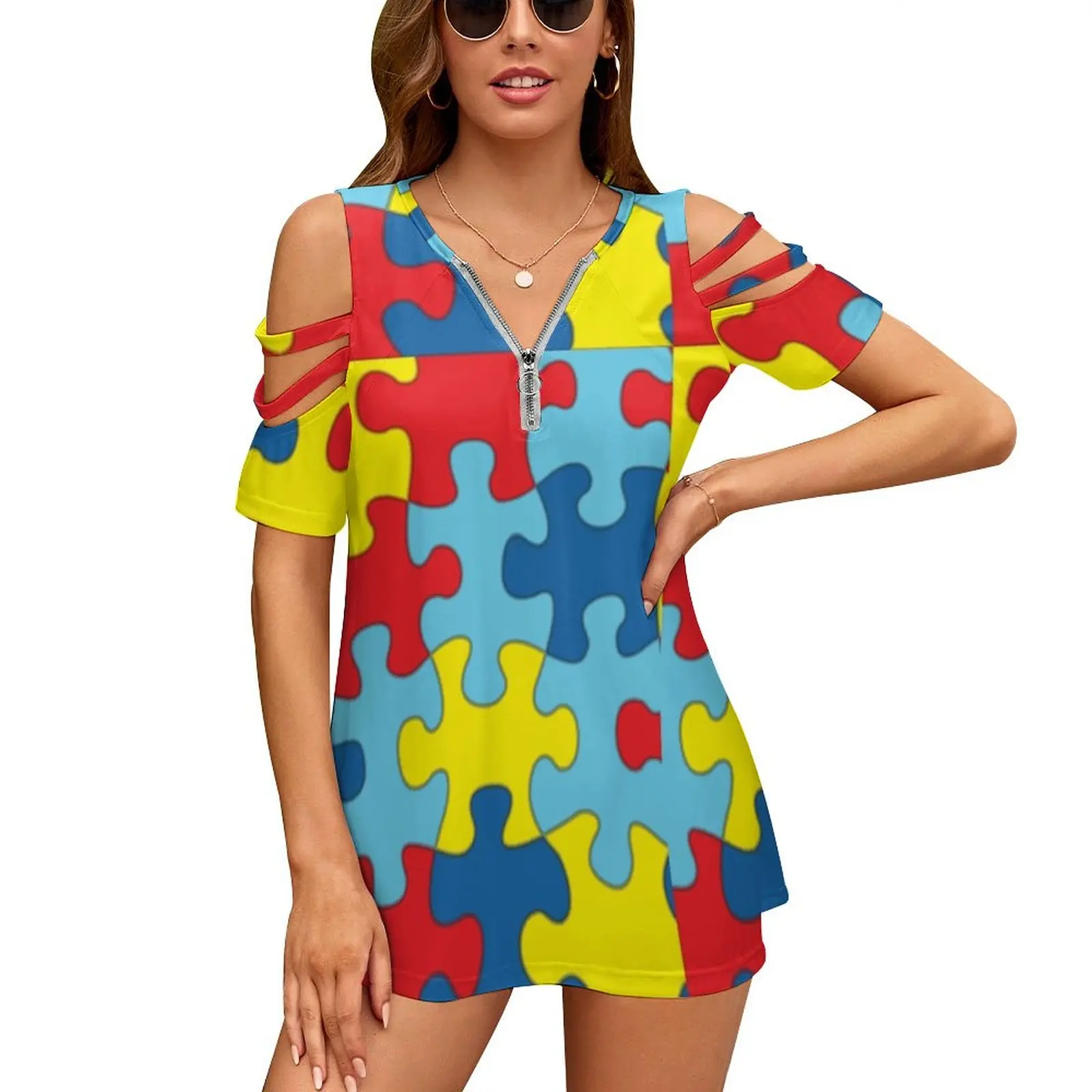 

Autism Awareness Puzzle Pieces Women Zipper Sexy Printed Vintage T Shirts Tops Full Print T-Shirt Autism Awareness Autism