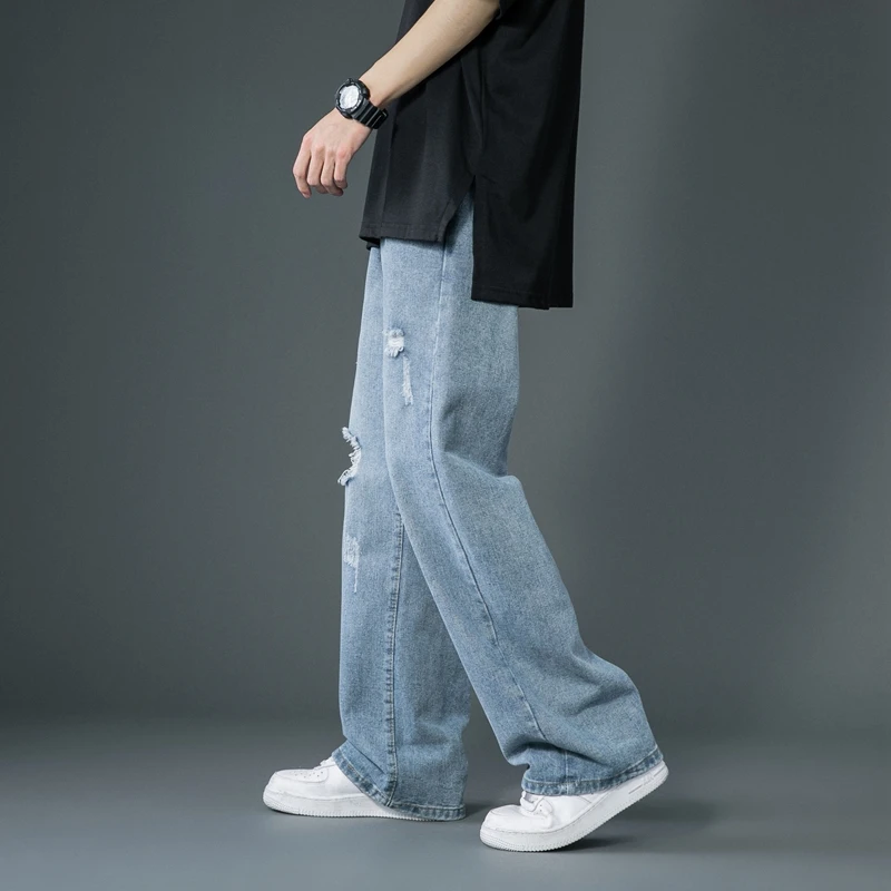 2022 Spring Summer Men's Ripped Wide Leg Jeans Korean Trend Straight Baggy Denim Pants Male Vintage Blue Trousers