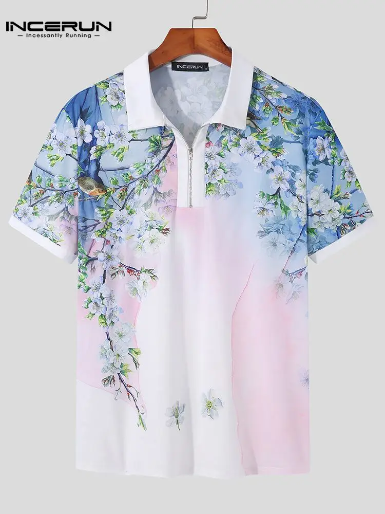 INCERUN Tops 2022 Casual Vacation Style Men's Short Sleeve Flower Shirts Fashion Male Printing Lapel Collar Zipper Blouse S-3XL