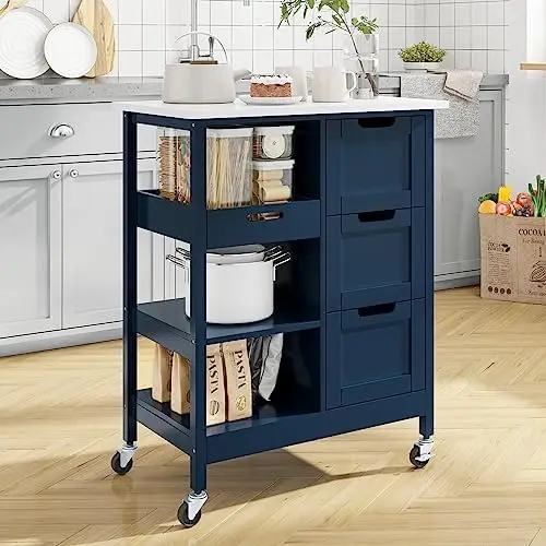 

Island Cart with Storage, Kitchen Cart for Home, Rolling Serving Utility Trolley Cart On Wheel with 3 Drawers and 3 Storage Shel