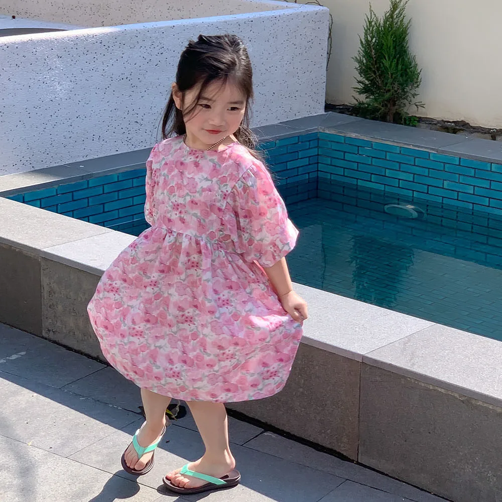 

Children Clothing Girls Dress 2023 Summer Girl Korean Floral Dress Thin Chiffon Skirt Sweet Style Princess Casual Simple Dress