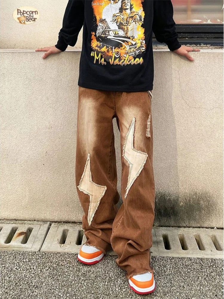 Streetwear Men Jeans High Street Vintage Baggy Pants Denim Y2k Harajuku Hip Hop Wide Leg Trousers Embroidery Patchwork Casual