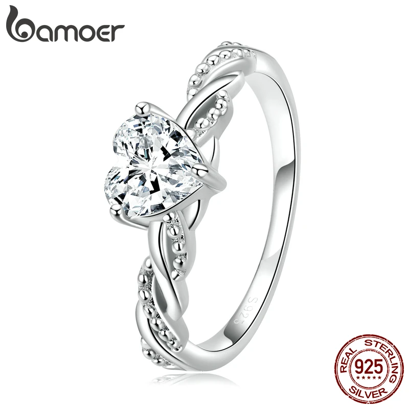 

Bamoer 925 Sterling Silver Romantic Love Ring for Women Fine Jewelry Shining Heart Stone Ring for Girl Wedding Bridal Gift