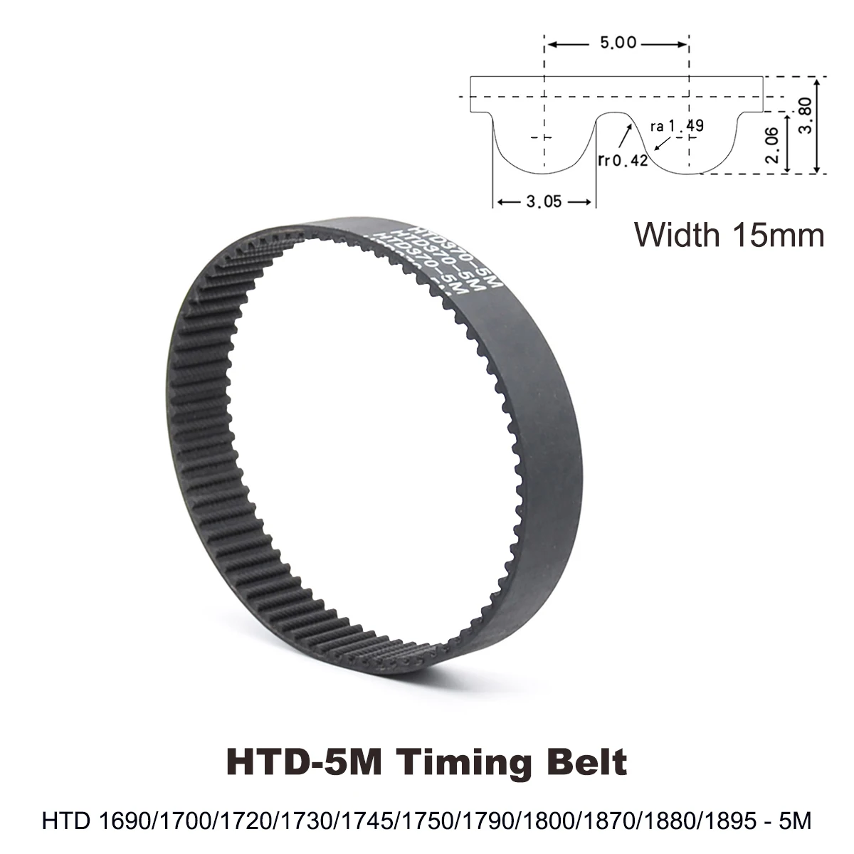 

HTD5M Synchronous Timing Belt Width 15mm Rubber HTD-5M Pulley Length 1690/1700/1720/1730/1745/1750/1790/1800/1870/1880/1895 mm