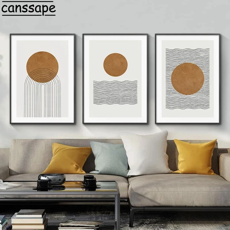 

Картина с изображением солнца, круглые художественные принты, волнистые линии, художественные фрески, бежевый холст, Постер, абстрактный на...