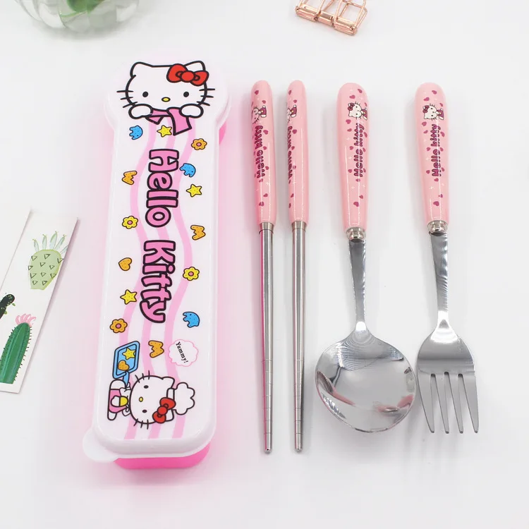 

Hello Kitty Cartoon Children's Tableware Student Portable Food Grade 304 Stainless Steel Spoon Fork Chopsticks Dinnerware Sets