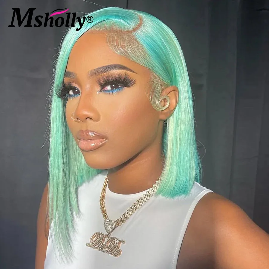 Мятно-Зеленые Короткие парики боб человеческие волосы 13x6 прозрачные фронтальные