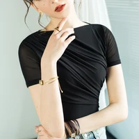 2021 summer sweet solid slash neck tee slim sexy chic wild korean indie fashion tshirt women office lady coffee short t shirt