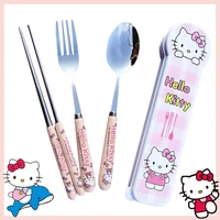 kawaii sanrioed hello kitty cutlery set cartoon doraemon animal stainless steel spoon fork chopsticks kids portable tableware