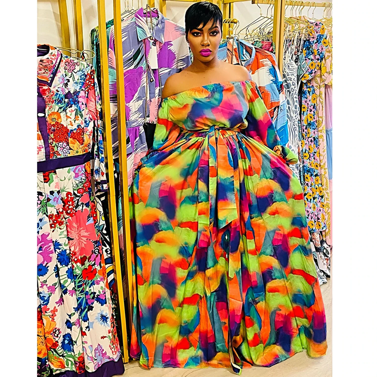 

Europe And America Colorful Print Off Shoulder Short Sleeve Summer Boho Holiday Women Dresses For Party Night Club Wear