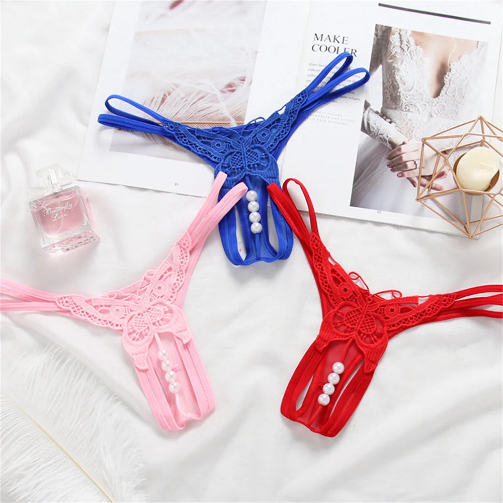Secret Embroidered Erotic Sexy Panties Women Temptation Pearl Massage G String Open File Thong Ultra Thin See Through T Back images - 6