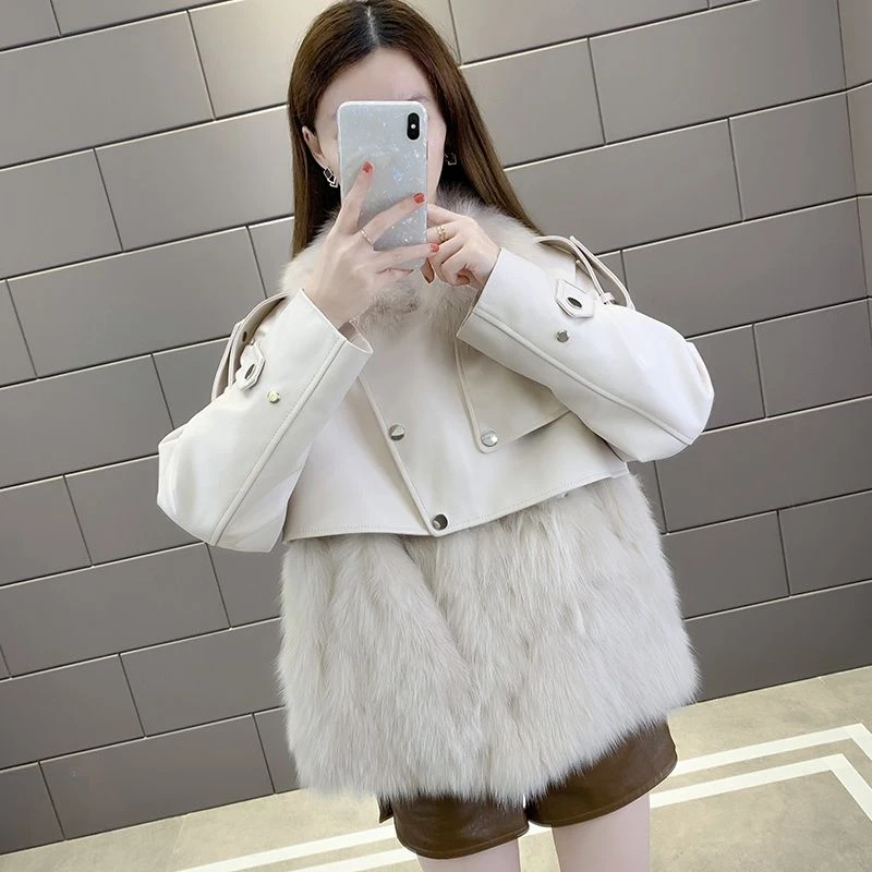 2022 New Autumn Winter Women's New Short Faux Fur Coat Patchwork Leather Jacket Slim Fashion Warm Plush Tops Famale Clothing